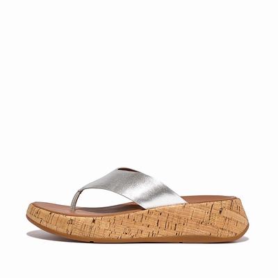 Silver Women's Fitflop F-MODE Metallic Leather/Cork Flatform Toe-Post Sandals | HP1084352