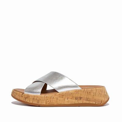 Silver Women's Fitflop F-MODE Metallic Leather/Cork Flatform Cross Slides Sandals | ZJ3218470