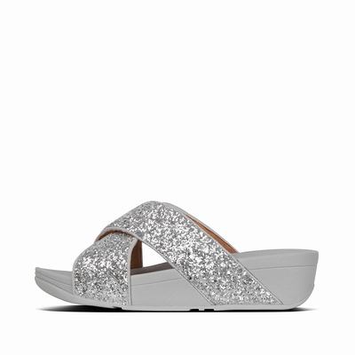 Silver Women's Fitflop LULU Glitter Cross Slides Sandals | PB0539718