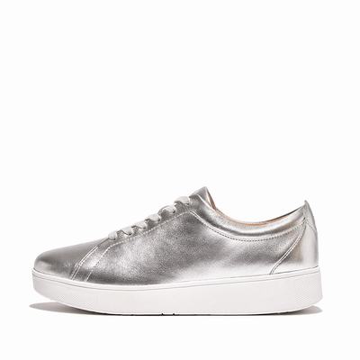 Silver Women's Fitflop RALLY Leather Sneakers | PX9503217