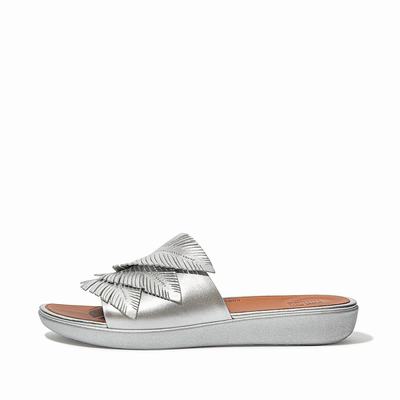 Silver Women's Fitflop SOLA Feather Metallic Leather Slides Sandals | CD6752039