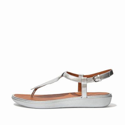 Silver Women's Fitflop TIA Feather Metallic Leather Back-Strap Sandals | UJ1536027