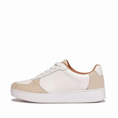 White/Beige Women's Fitflop RALLY Leather/Suede Panel Sneakers | FW1843025