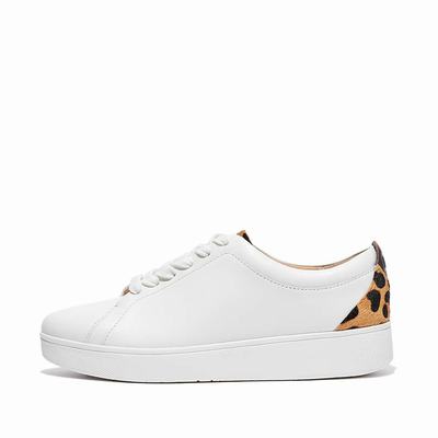 White/Leopard Women's Fitflop RALLY Leopard-Back Leather Sneakers | FR1406738