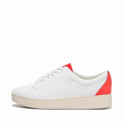 White/Orange Women's Fitflop RALLY Neon-Pop Leather Sneakers | IP9463872