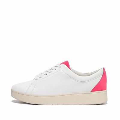 White/Pink Women's Fitflop RALLY Neon-Pop Leather Sneakers | BT4520139