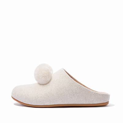 White Women's Fitflop CHRISSIE Pom-Pom Felt Slippers | OV7325460