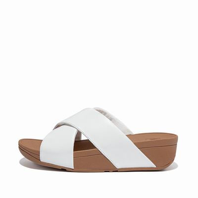 White Women's Fitflop LULU Leather Cross Slides Sandals | FX8019376