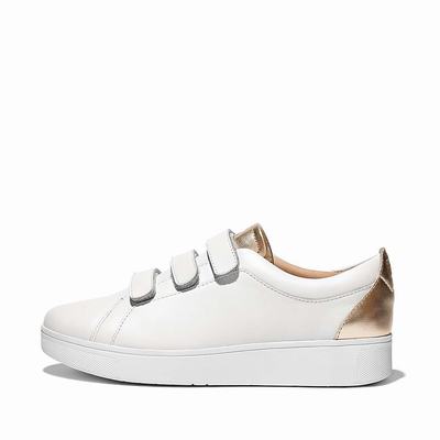 White Women's Fitflop RALLY Metallic-Back Leather Strap Sneakers | IM4968523