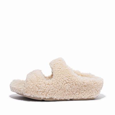 White Women's Fitflop SHUV Two-Bar Shearling Slides Slippers | CA0927136