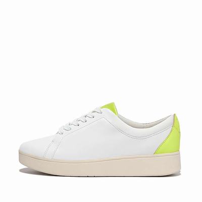 White/Yellow Women's Fitflop RALLY Neon-Pop Leather Sneakers | NK0821635