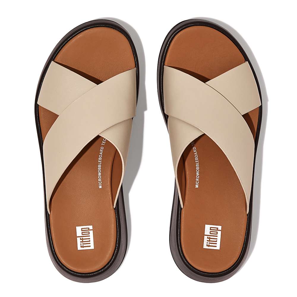 Beige/Black Women's Fitflop F-MODE Luxe Leather Flatform Cross Slides Sandals | WE1265374