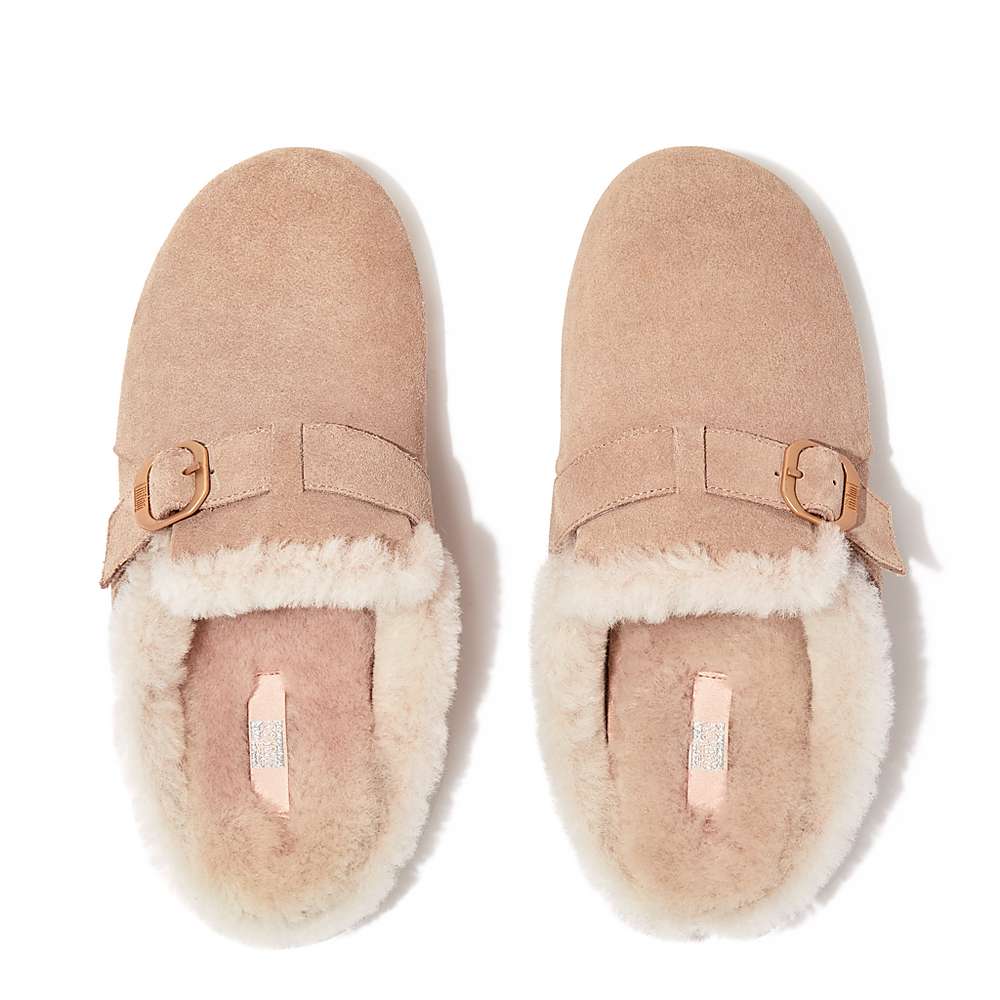 Beige Women's Fitflop CHRISSIE Buckle Shearling-Lined Suede Slippers | CI5180743