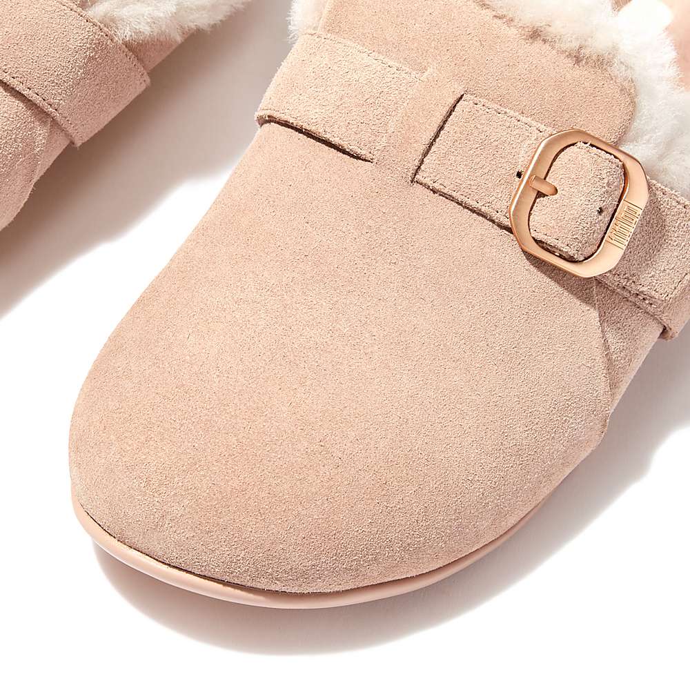 Beige Women's Fitflop CHRISSIE Buckle Shearling-Lined Suede Slippers | CI5180743