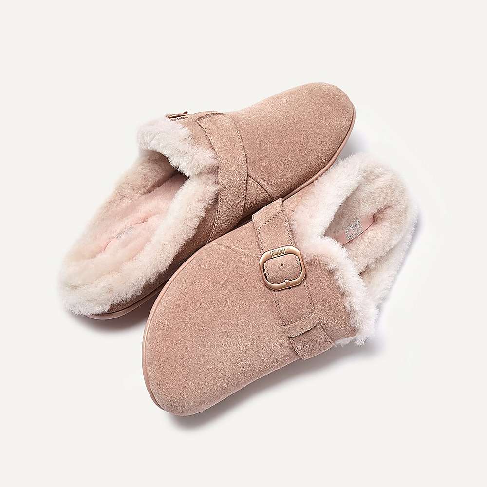 Beige Women's Fitflop CHRISSIE Buckle Shearling-Lined Suede Slippers | CI5180743