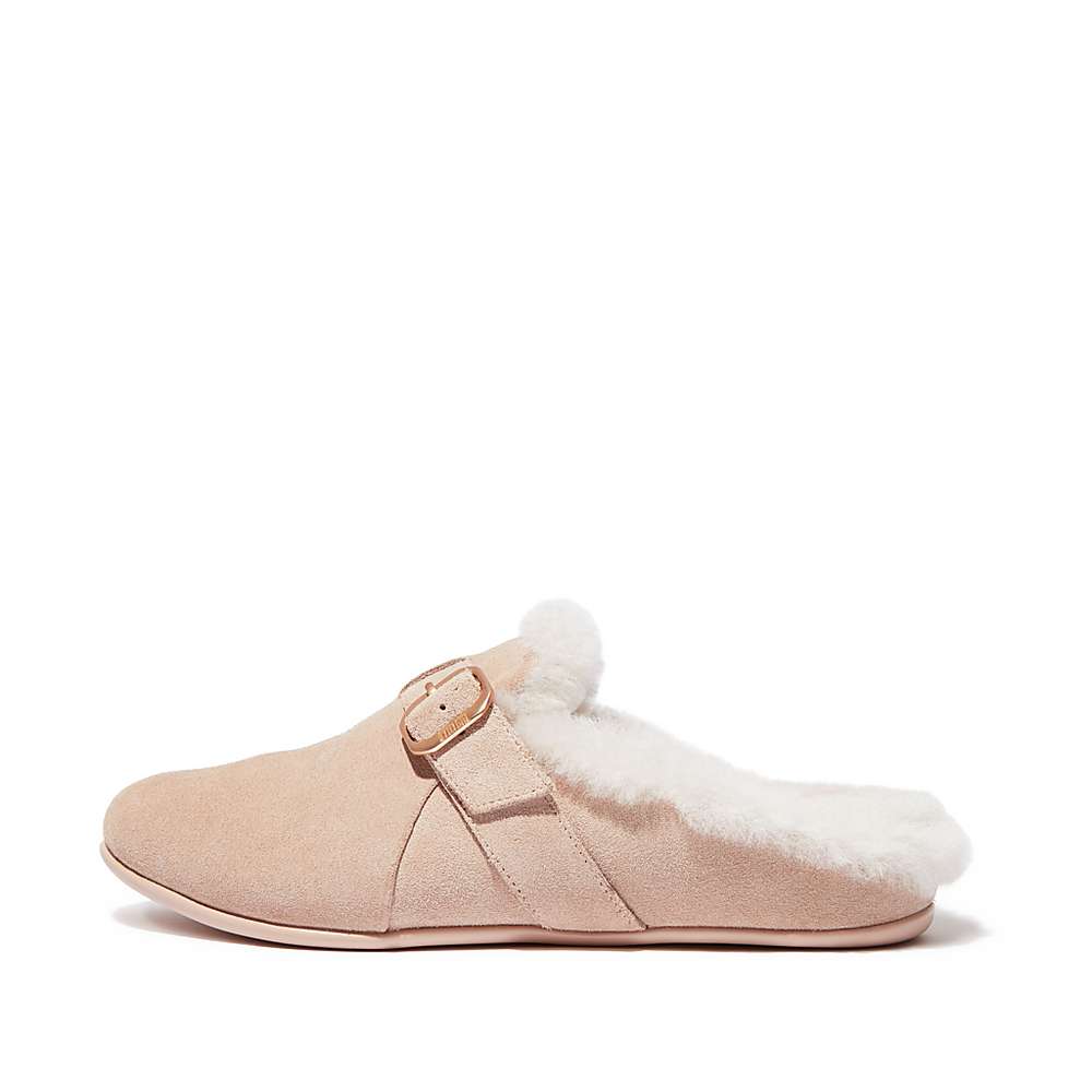 Beige Women\'s Fitflop CHRISSIE Buckle Shearling-Lined Suede Slippers | CI5180743