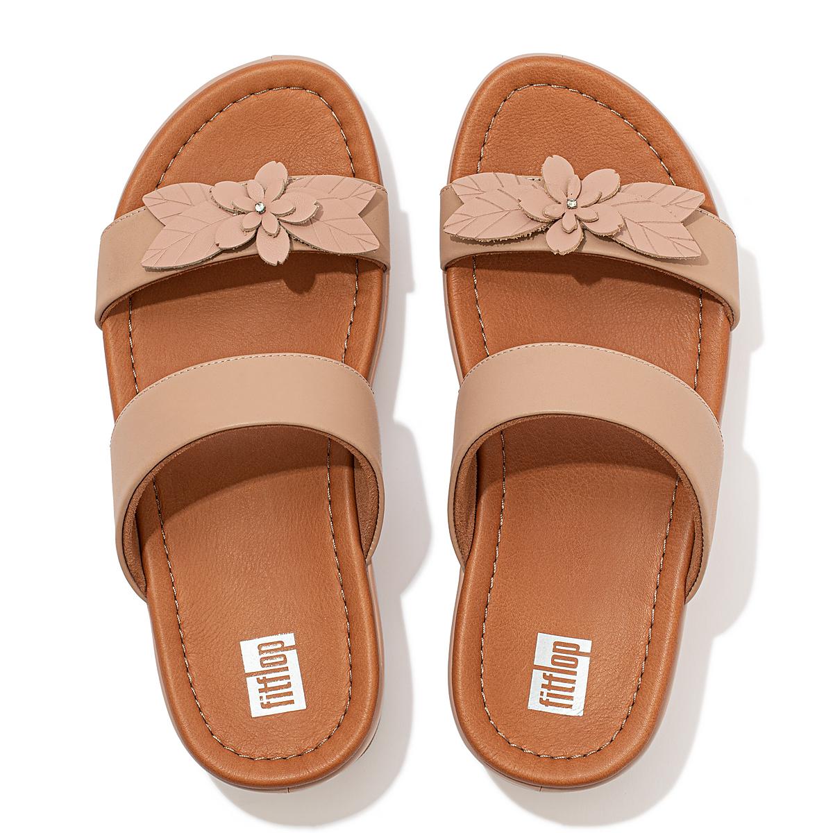 Beige Women's Fitflop FINO Floral Leather Slides Sandals | HP6049718