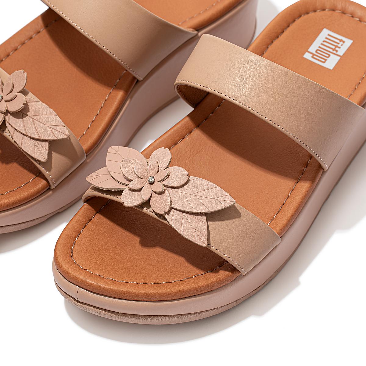 Beige Women's Fitflop FINO Floral Leather Slides Sandals | HP6049718