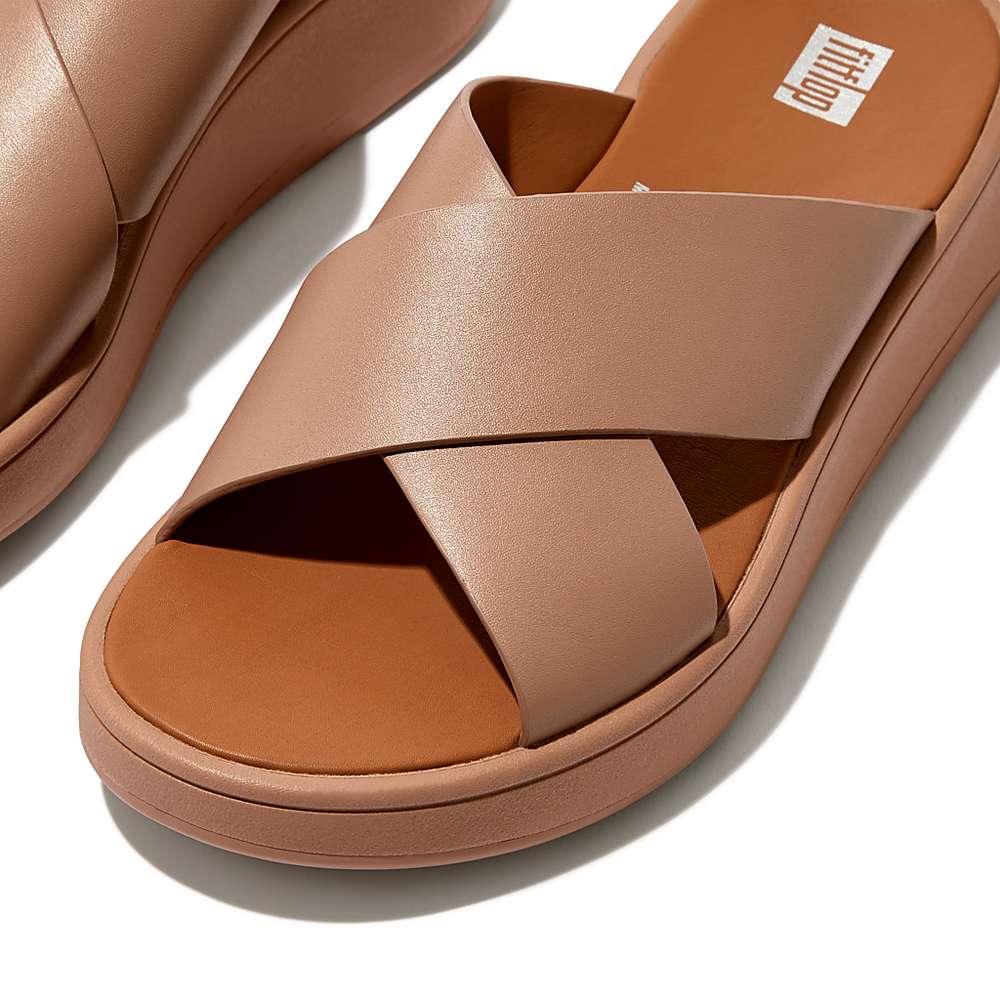 Beige Women's Fitflop F-MODE Leather Flatform Cross Slides Sandals | SW2130675