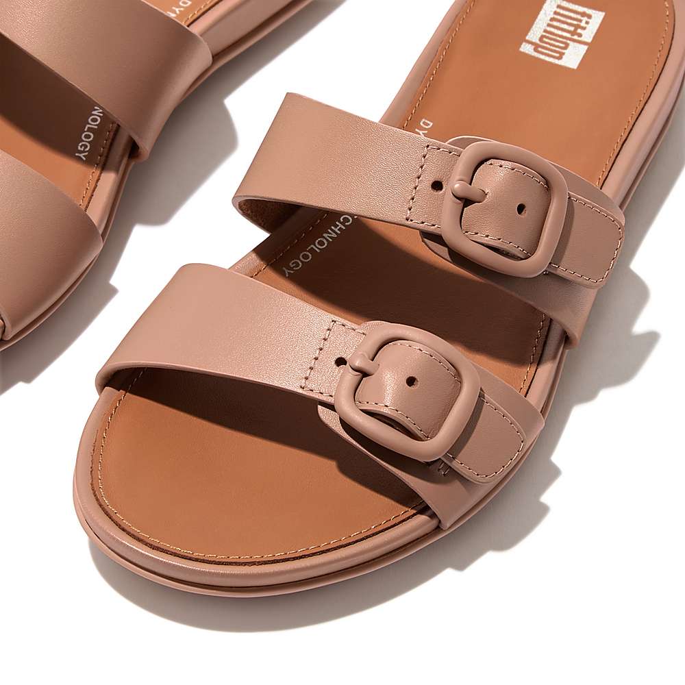 Beige Women's Fitflop GRACIE Buckle Two-Bar Leather Slides Sandals | QB1892643