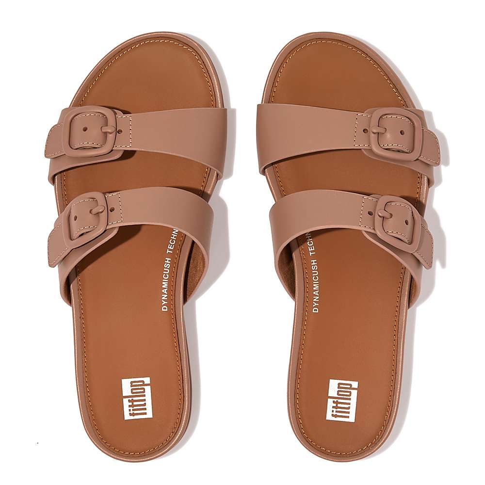 Beige Women's Fitflop GRACIE Buckle Two-Bar Leather Slides Sandals | QB1892643