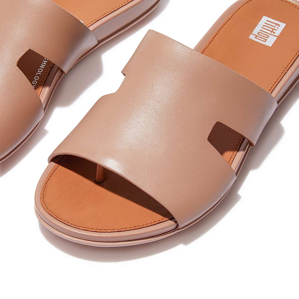 Beige Women's Fitflop GRACIE Leather Slides With Toe-Post Sandals | KH6802491