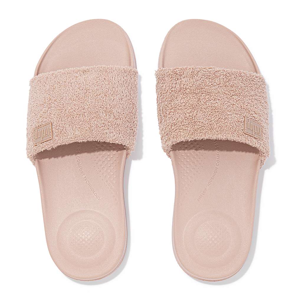 Beige Women's Fitflop IQUSHION Towelling Slides | GS1320649