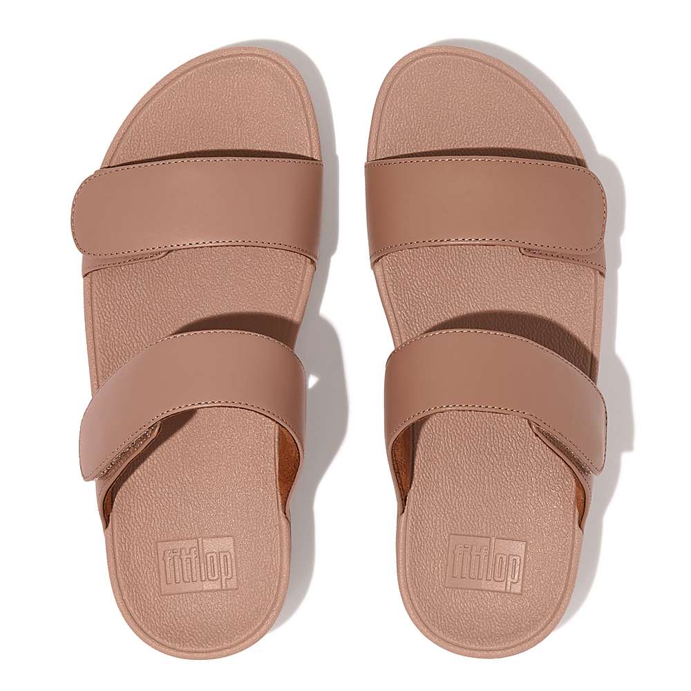 Beige Women's Fitflop LULU Adjustable Leather Slides Sandals | VU7652401