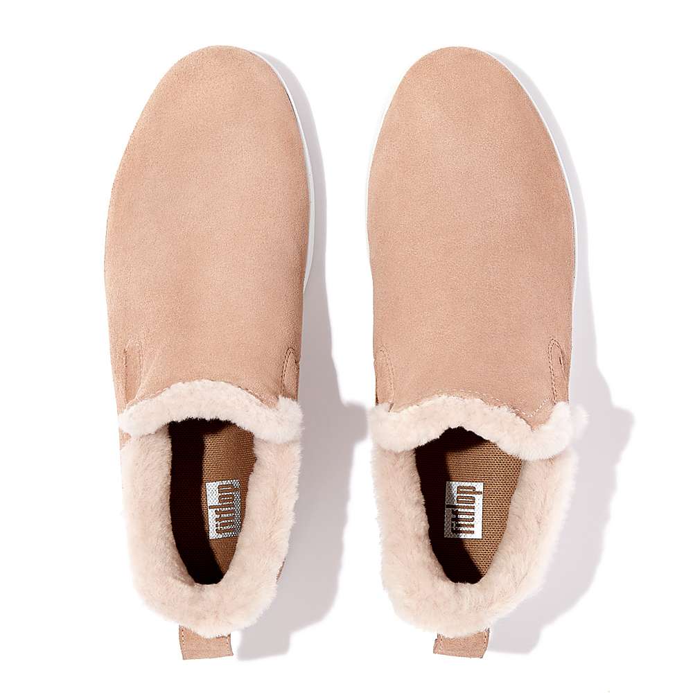 Beige Women's Fitflop RALLY Shearling-Lined Suede Slip-On Sneakers | VZ5761043