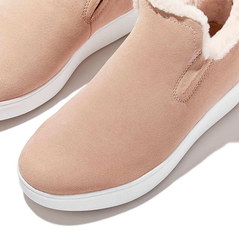 Beige Women's Fitflop RALLY Shearling-Lined Suede Slip-On Sneakers | VZ5761043