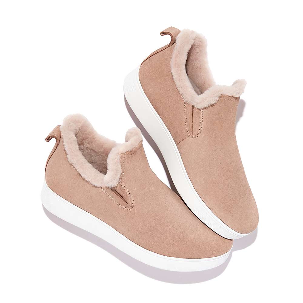 Beige Women's Fitflop RALLY Shearling-Lined Suede Slip-On Sneakers | VZ5761043