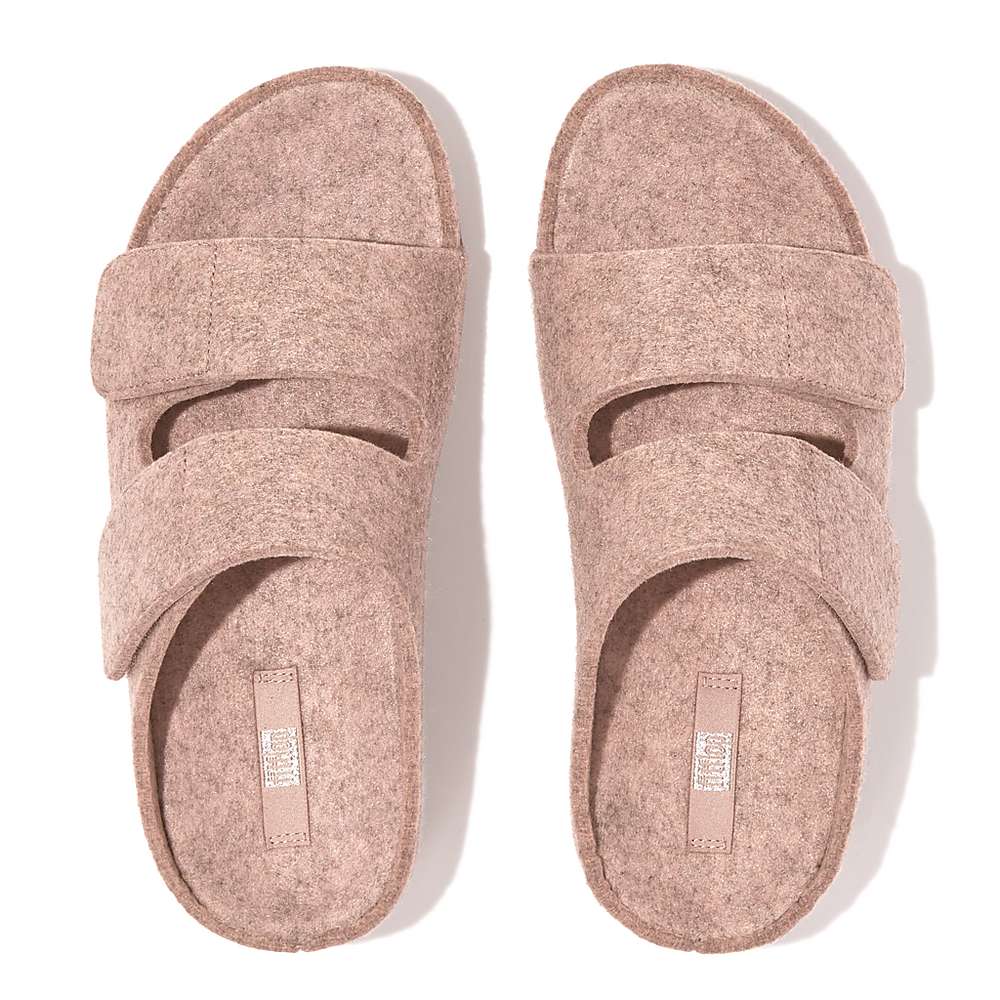 Beige Women's Fitflop SHUV E01 Adjustable Two-Bar Felt Slides Sandals | FW0297135