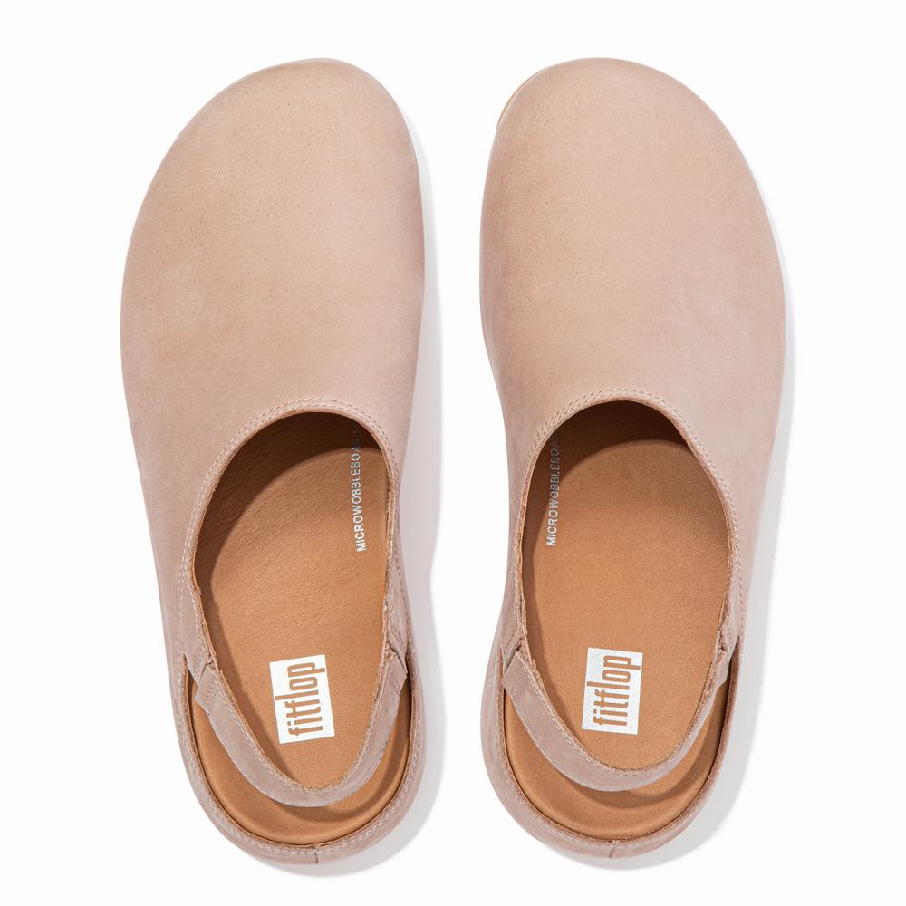 Beige Women's Fitflop SHUV Nubuck Back-Strap Clogs | MZ1283479