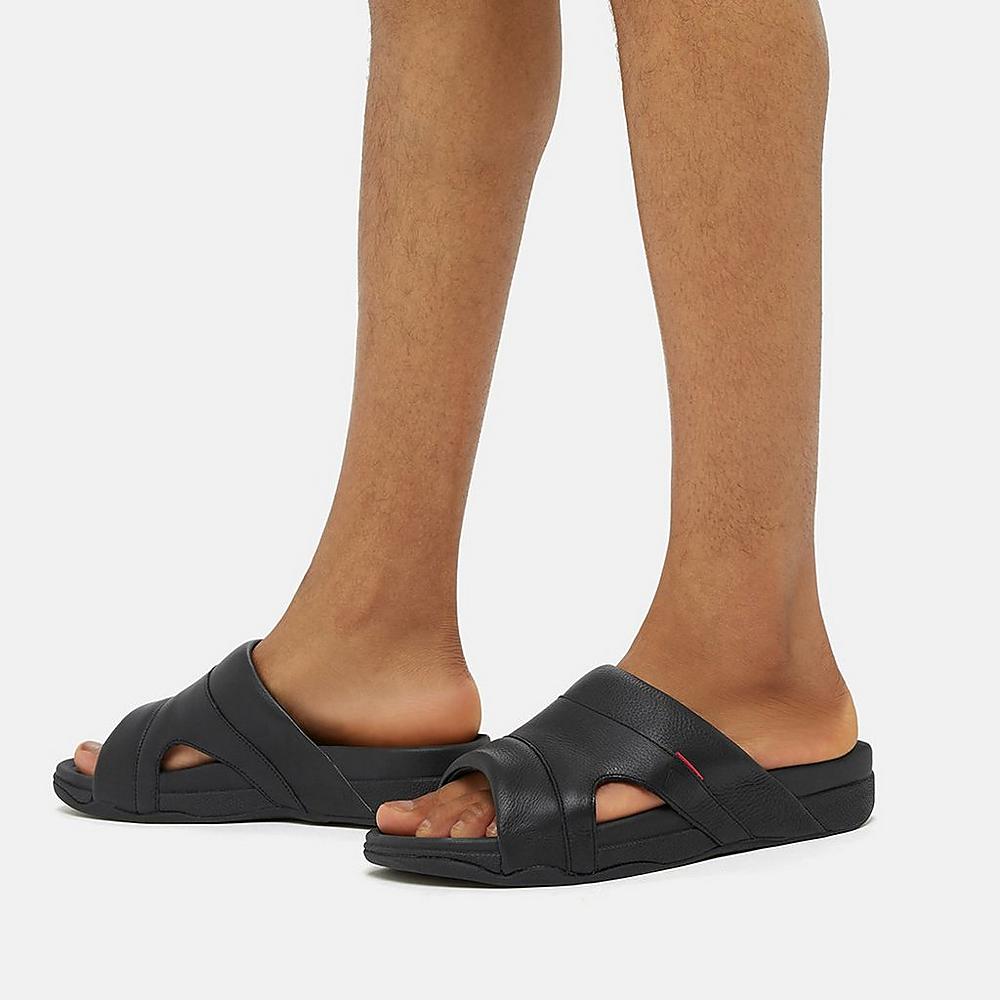 Black Men's Fitflop FREEWAY Leather Pool Slides Sandals | AW6925371