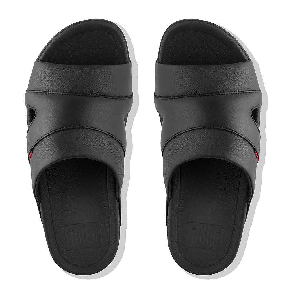 Black Men's Fitflop FREEWAY Leather Pool Slides Sandals | AW6925371