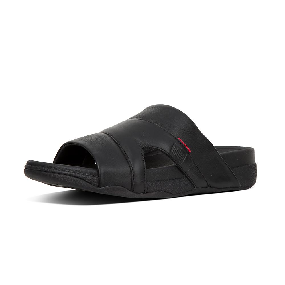 Black Men's Fitflop FREEWAY Leather Pool Slides Sandals | AW6925371