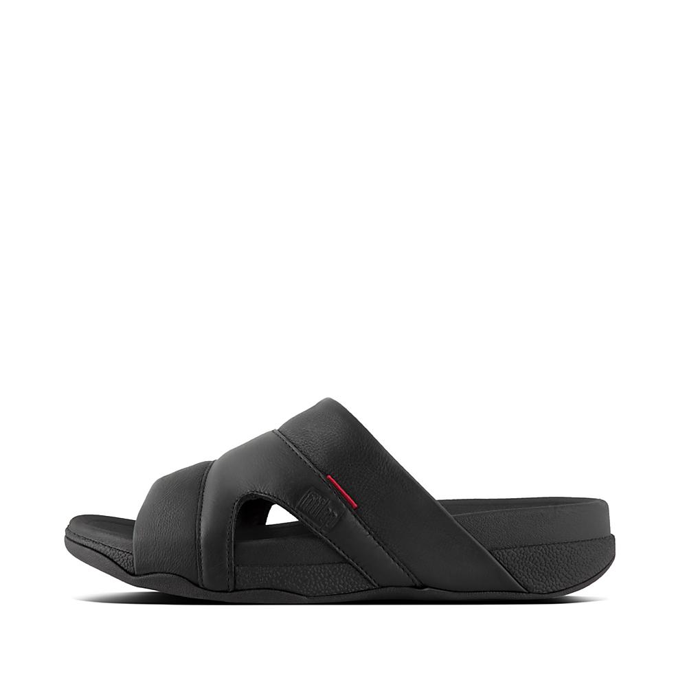 Black Men\'s Fitflop FREEWAY Leather Pool Slides Sandals | AW6925371