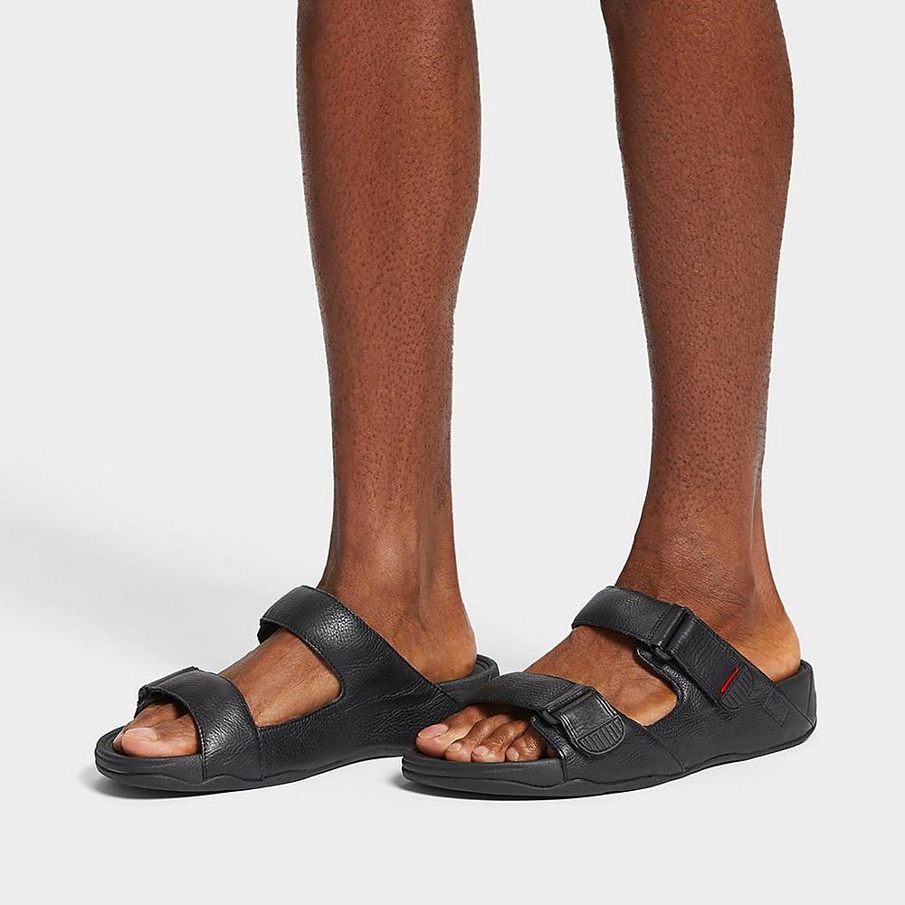 Black Men's Fitflop GOGH MOC Adjustable Leather Slides Sandals | ND2069731