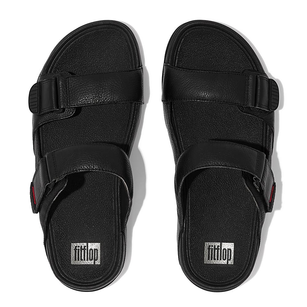 Black Men's Fitflop GOGH MOC Adjustable Leather Slides Sandals | ND2069731