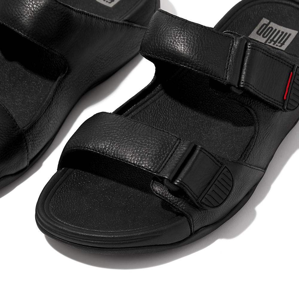 Black Men's Fitflop GOGH MOC Adjustable Leather Slides Sandals | ND2069731