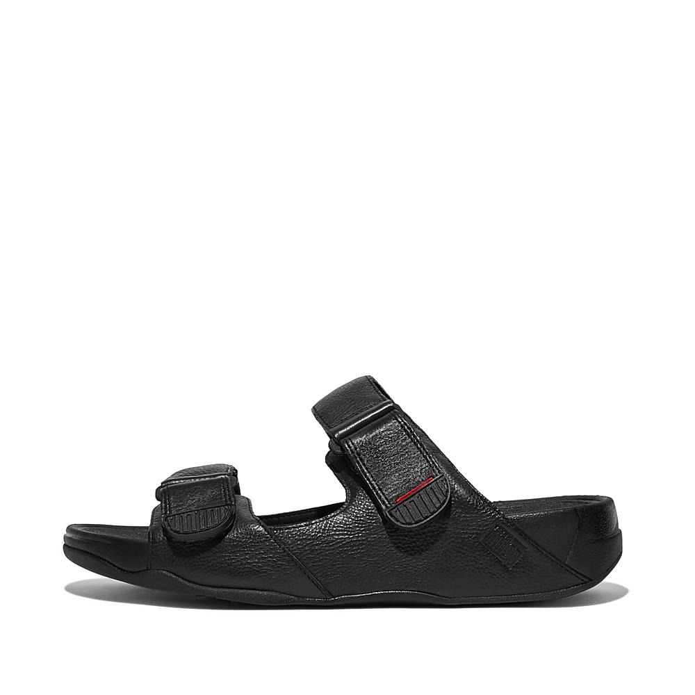 Black Men\'s Fitflop GOGH MOC Adjustable Leather Slides Sandals | ND2069731