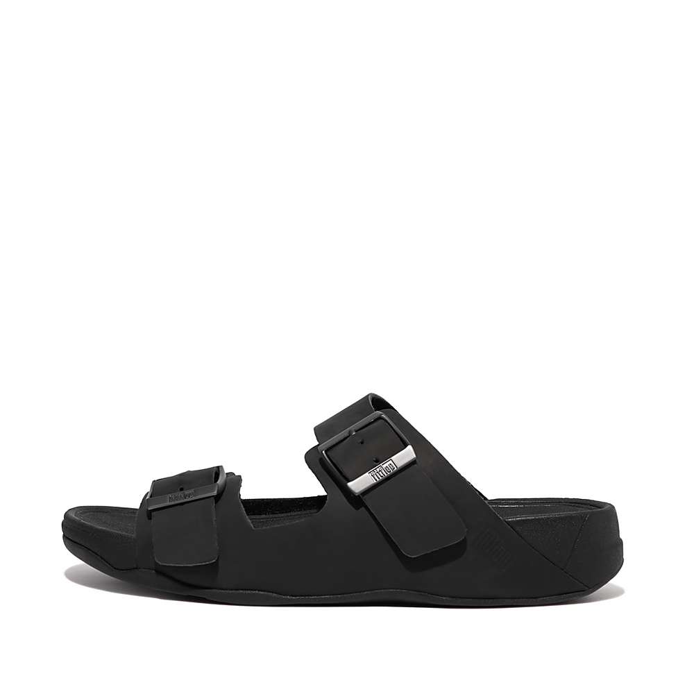 Black Men\'s Fitflop GOGH MOC Buckle Nubuck Slides Sandals | DB0962154