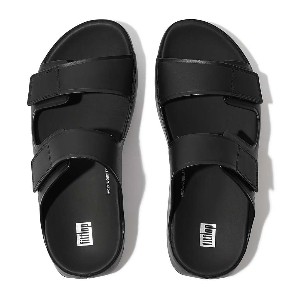 Black Men's Fitflop SAMEL Adjustable Leather Slides Sandals | BC0948752