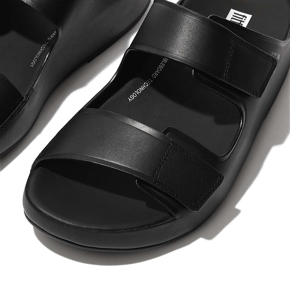 Black Men's Fitflop SAMEL Adjustable Leather Slides Sandals | BC0948752