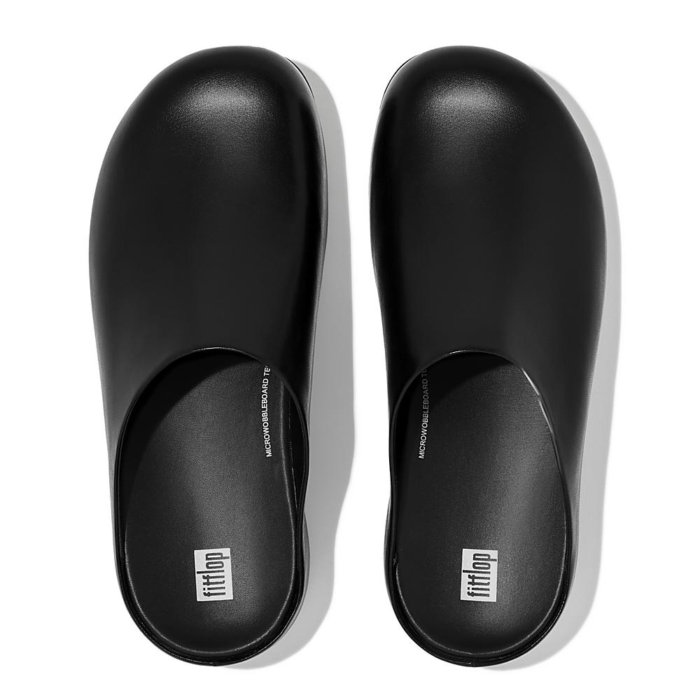 Black Men's Fitflop SHUV Leather Clogs | OK4652078