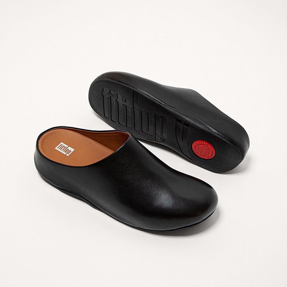 Black Men's Fitflop SHUV Leather Clogs | OK4652078