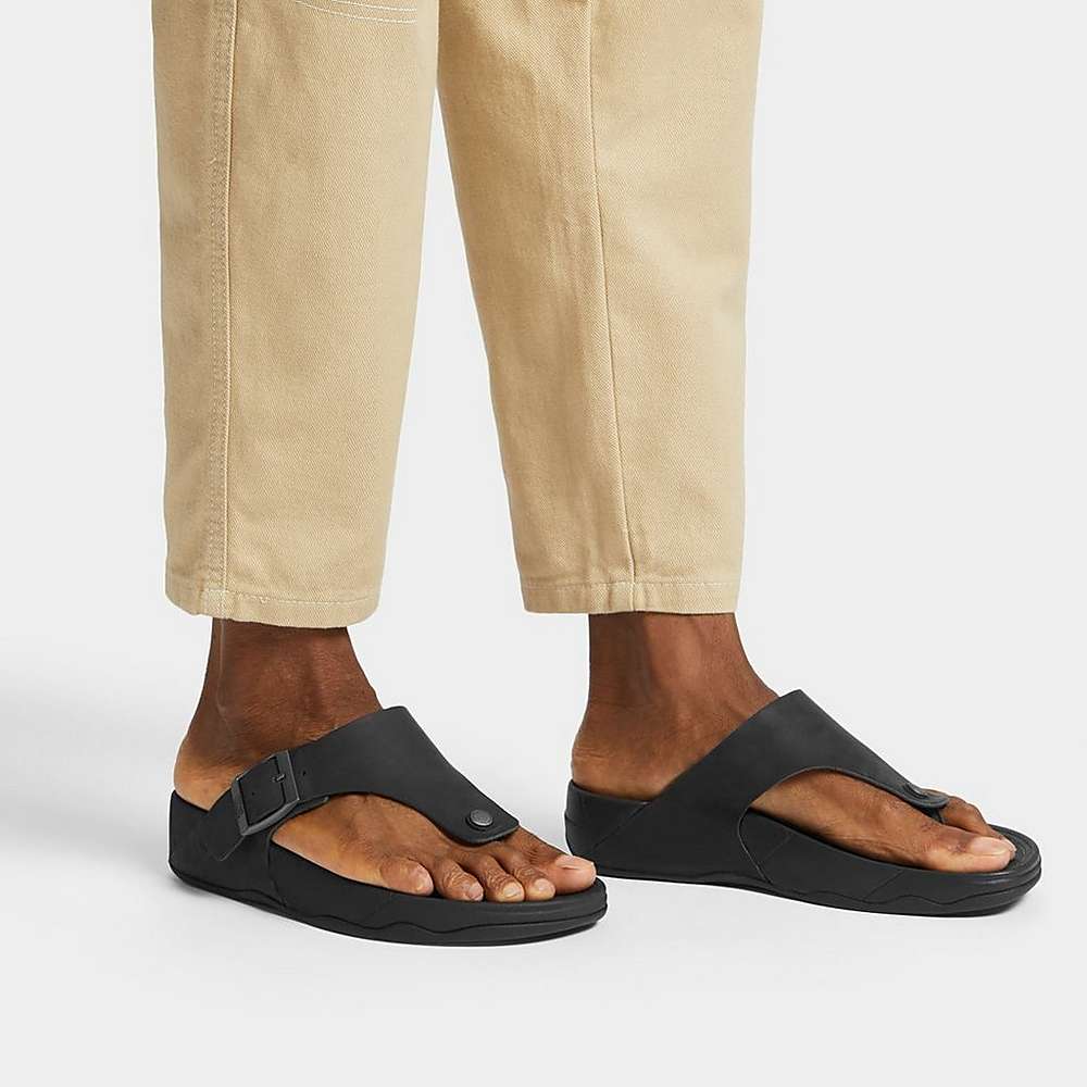 Black Men's Fitflop TRAKK II Buckle Nubuck Toe-Posts Sandals | EQ4976183