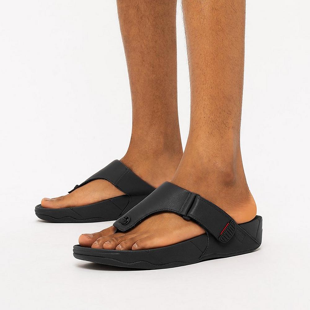 Black Men's Fitflop TRAKK II Leather Toe-Post Sandals | BE3650218