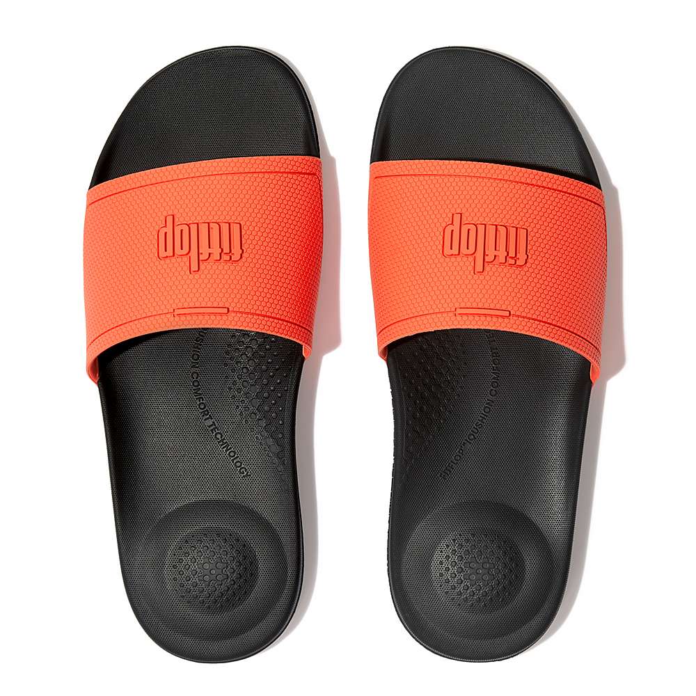 Black/Orange Men's Fitflop IQUSHION Pool Slides | BU9031456