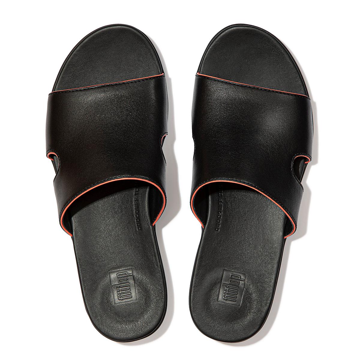 Black/Pink Women's Fitflop H-Bar Pop Binding Leather Slides Sandals | IL8041279